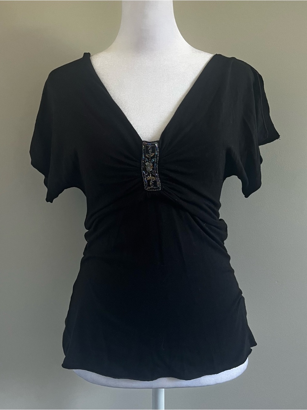 Black Suzy Sheir V Neck Babydoll Tshirt with Embellishment